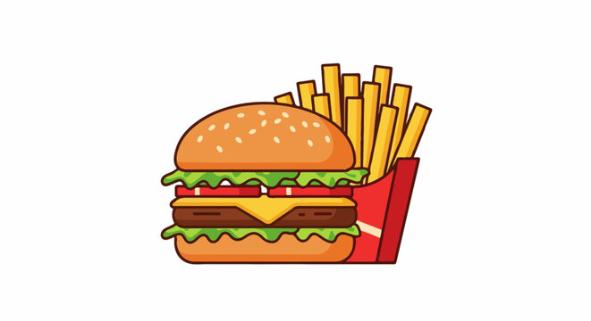 A cartoon burger with cheese, lettuce, and fries in red packaging