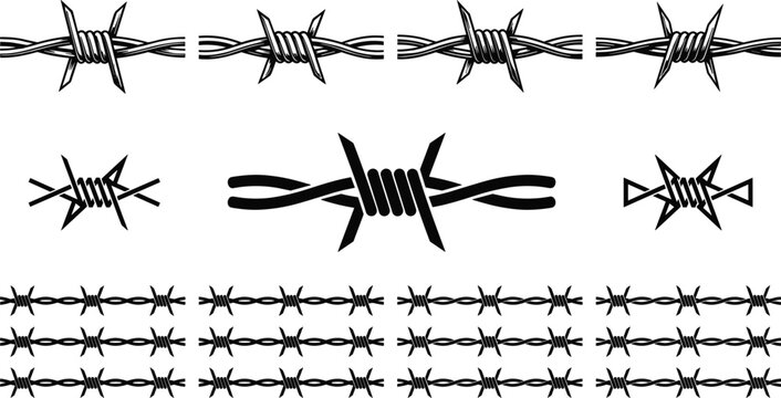 Vector collection of stylized barbed wire illustrations including realistic strands, geometric motifs, and repeating fence patterns