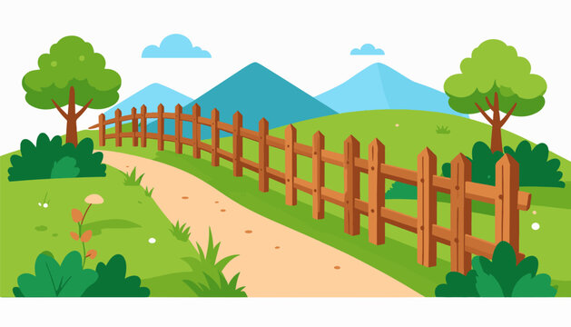A peaceful country path winds through green hills beside a wooden fence