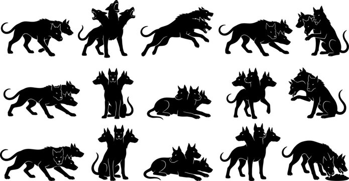 Cerberus silhouette collection featuring the three-headed hellhound in various aggressive poses