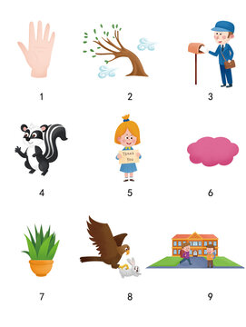 Numbered 3x3 Kids Vocabulary Cartoon Grid for English Learning