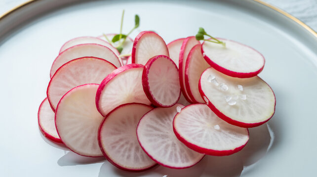 Gourmet radish salad with microgreens and sea salt on a white plate