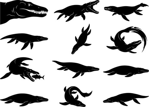Collection of mosasaur and pliosaur marine reptile silhouettes swimming and hunting in prehistoric set