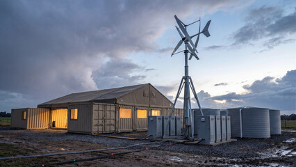 Mobile Offgrid Power Station photo showing portable wind turbine battery containers and water tanks beside field shelter at dusk demonstrating deployable clean energy solution for remote emergency use