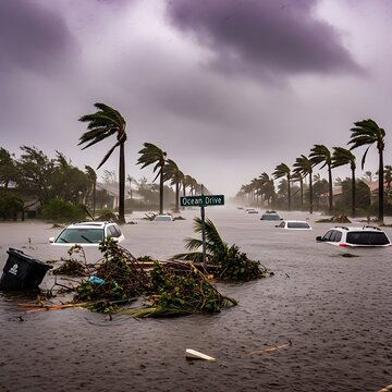 Severe Tropical Storm Flooding Ocean Drive Street with Submerged Cars and Windblown Palm Trees