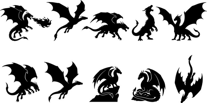 Dragon silhouette bundle featuring various mythical flying and sitting creatures for fantasy design projects