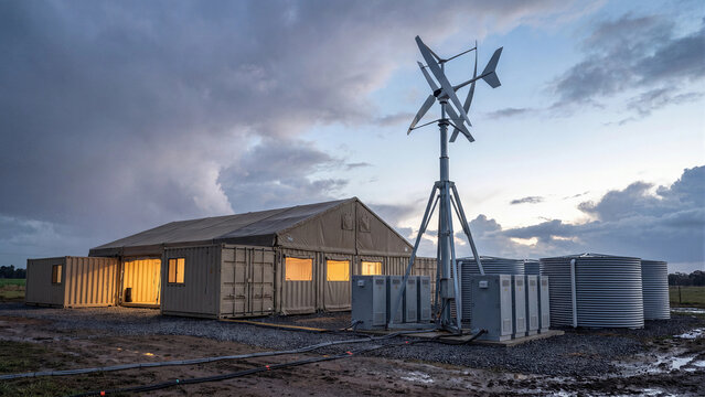Mobile Offgrid Power Station photo showing portable wind turbine battery containers and water tanks beside field shelter at dusk demonstrating deployable clean energy solution for remote emergency use