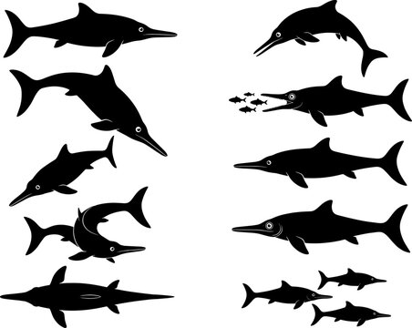 Ichthyosaur prehistoric marine reptile silhouette set featuring various swimming poses in a dinosaur era bundle