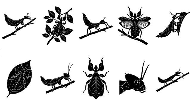 Leaf insect and mantis silhouette set featuring camouflaged bug poses for nature and science projects