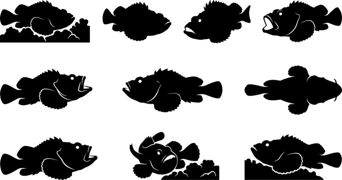 Marine stonefish silhouette collection showing camouflaged reef predators in various swimming profiles