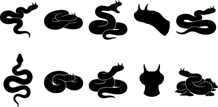 Menacing set of horned viper silhouettes in coiled and striking positions for design