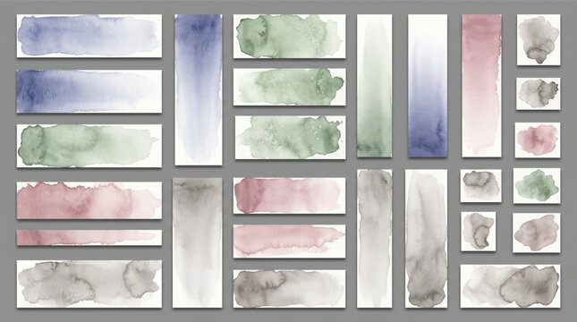Set of hand-painted watercolor brush strokes and abstract banners in muted colors like dusty rose, sage green, indigo and charcoal textures.