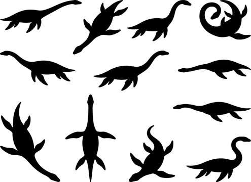 Plesiosaur prehistoric marine reptile silhouette bundle collection featuring extinct aquatic dinosaurs swimming in water
