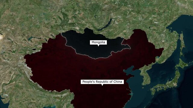 Aerial view of Eastern Asia showing China and Mongolia land borders highlighting central Asian topography for political geography