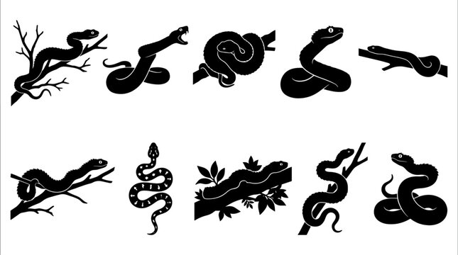 Snake on branches silhouette bundle featuring various vipers and serpents in a nature climbing collection