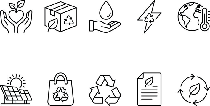 Linear vector icons collection illustrating eco friendly sustainable and green living environmental choices.