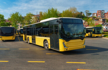 Obraz premium Yellow Public Transport Buses Parked in a Terminal in Istanbul, Turkey, with City Architecture and Mosque Minarets in the Background under a Clear Blue Sky.