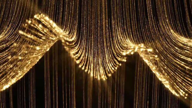 Wavy golden light fibers on a dark background