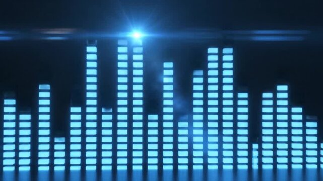 Glowing blue digital audio equalizer on black background.