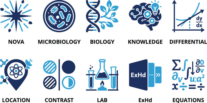 Mathematics and science vector icons collection with equations differential biology knowledge and lab work.