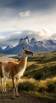 Alert Guanaco Standing in Grassy Patagonian Mountain Landscape