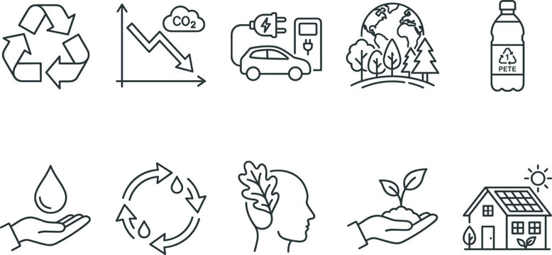 Outline vector set featuring various environmental and ecological protection icons for sustainable projects.