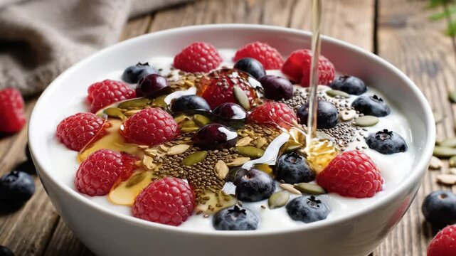 Honey drizzling over fresh berry yogurt bowl on wood table