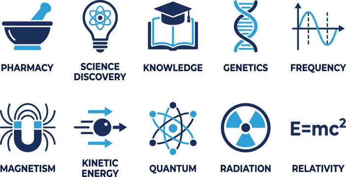 Science concept icons showing pharmacy genetics knowledge quantum relativity radiation and frequency waves.
