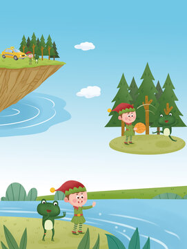 An elf parks his yellow taxi on a cliffside hill, meets a frog holding a ball on a pine island across the water, then waves to the frog while standing on the near riverbank.