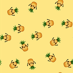 Fototapeta premium seamless pattern summer pineapple character cartoon. party sticker, watermelon food, sweet beach summer pineapple character sign vector
