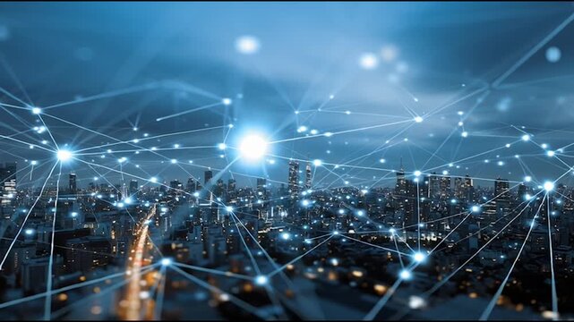 Social media fo city and Smart digital Innovation city with connection network reciprocity over the cityscape. of future smart wireless city and social media networking systems that connects business