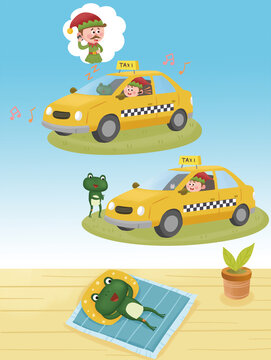 The elf drives a yellow taxi while thinking of making a phone call, stops the car to pick up the waiting frog, and the frog then lies relaxing on a mat indoors.
