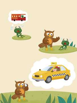 The frog worries about missing the tour bus and cries, the owl comforts the anxious frog, then the owl makes a phone call to book an elf&rsquo;s yellow taxi.