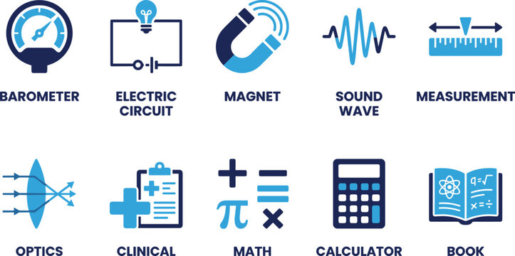 Set of 10 science icons, such as barometer, electric circuit, magnet, sound wave, measurement, optics.