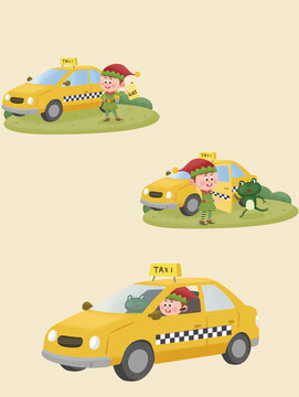 The elf stands beside his yellow taxi, opens the door for a green frog passenger, and then drives the taxi with the frog sitting inside.
