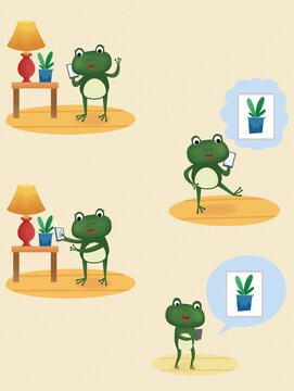 The frog holds a phone, spots a potted plant beside the table, imagines the plant, and talks about it on the call.
