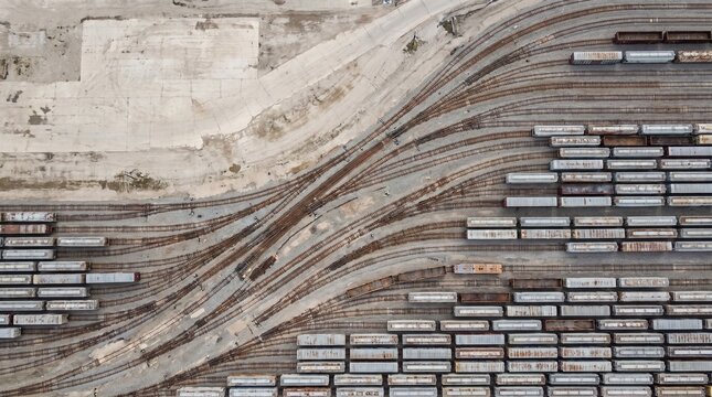 Aerial View of Railway Train Yard with Complex Track Geometry