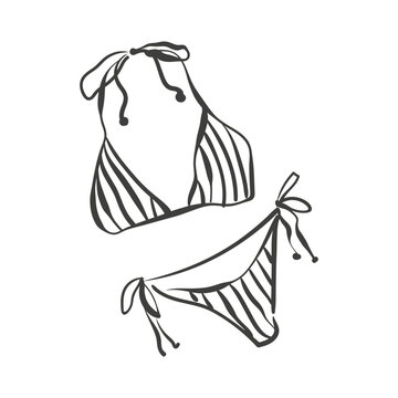 Hand drawn ink drawing of a black outline of a striped bikini swimwear.  Vector doodle illustration of a summer beach concept.