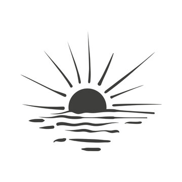 Hand-drawn ink drawing of the sun setting over the sea. Vector whimsical illustration of a summer sunset doodle in simple crayon style. Black outline seaside sketch isolated on a white background.