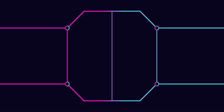 Symmetrical tech interface frame with neon gradient lines and junction points grid.