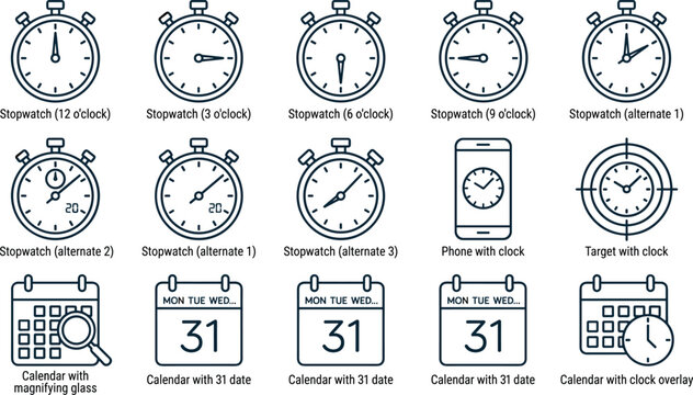 Set of outline clock and calendar icons isolated on transparent background for business scheduling concepts.
