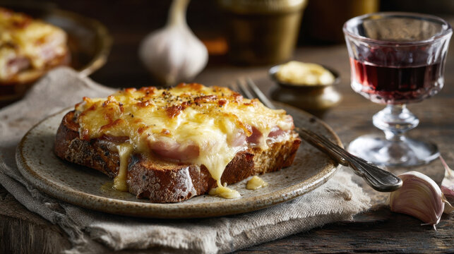 delicious hot croque monsieur sandwich with melted cheese on rustic plate served with a glass of red wine garlic cloves and mustard on a dark moody vintage wooden table background for dining
