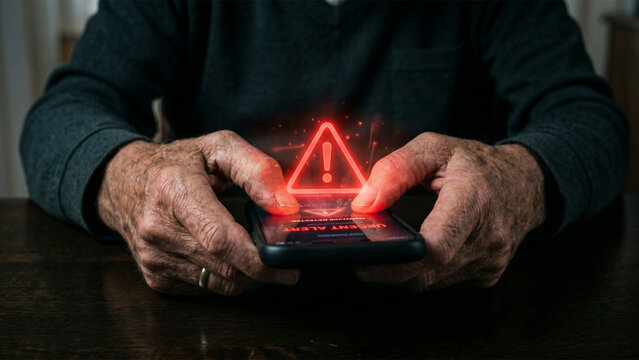 Senior person holding a smartphone displaying a fraud warning alert, highlighting online scams, cybersecurity risks, and digital safety awareness.