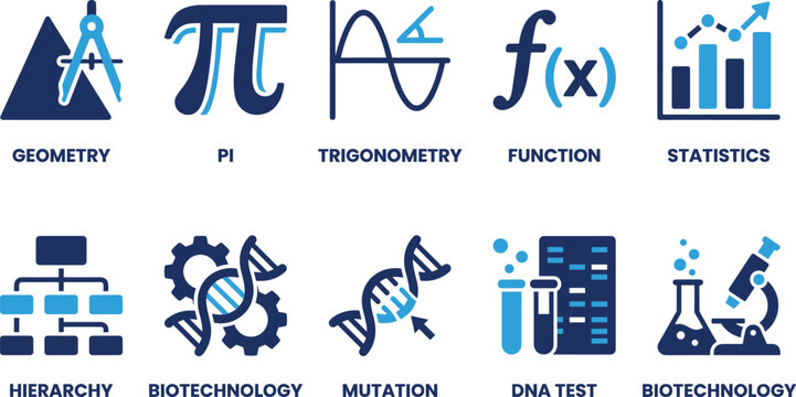 Set of scientific symbols featuring geometry pi trigonometry function statistics biology mutation dna tests.