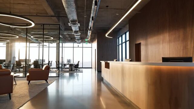 Modern office reception area with industrial ceiling and large windows in a contemporary corporate building