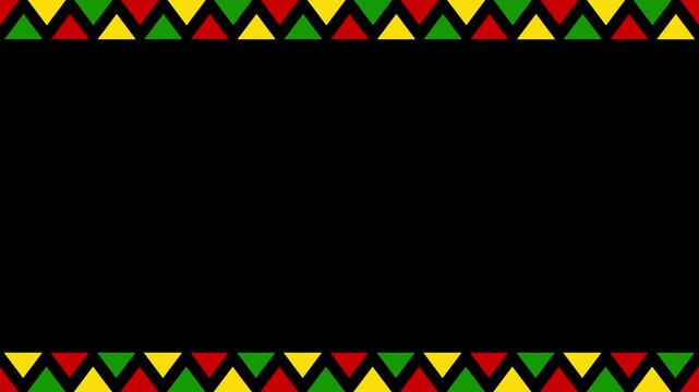 Juneteenth Pan-African colors geometric triangle border frame on black background with copy space.