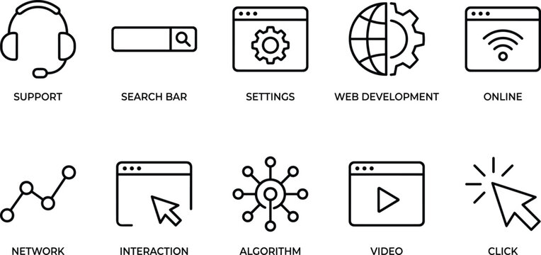 Website support search bar settings and development icons with network interaction algorithm video click.