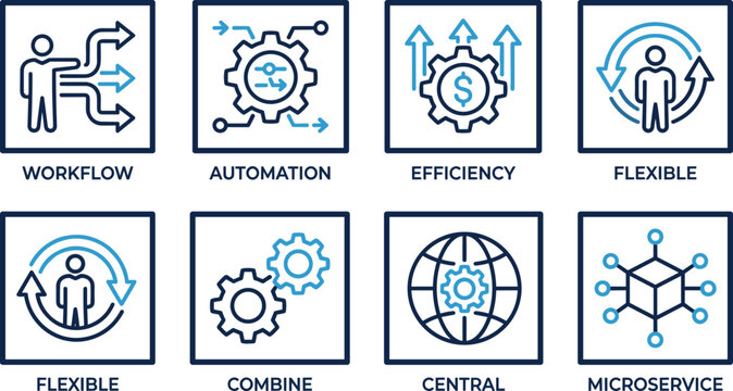 Blue and black outline icons for workflow automation efficiency and flexible central microservice systems.