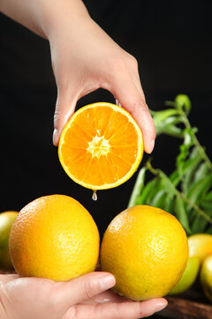 Fresh Cut Orange Halves with Juicy Flesh in Hands Studio Shot