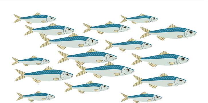 A school of small, silver fish swimming together in a synchronized underwater formation, illustration.